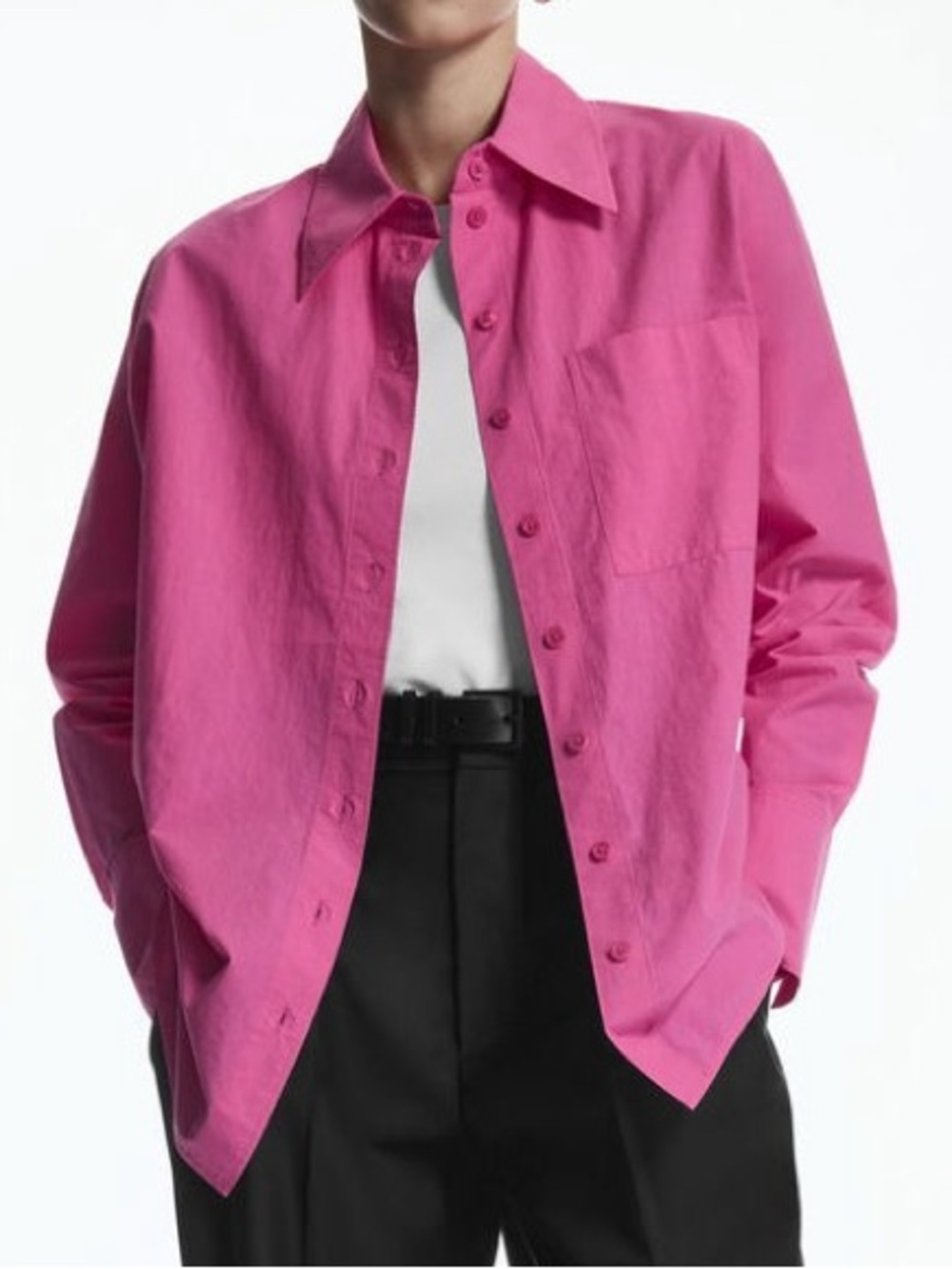 COS Bright Pink Button-Up Shirt Lightweight Size 14 XL Spring Summer Cotton